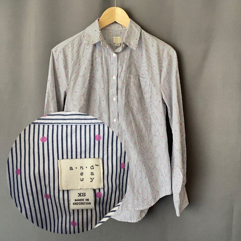 A New Day Women's XS Color Dot White Blue Stripes Long Button Down Blouse Cotton